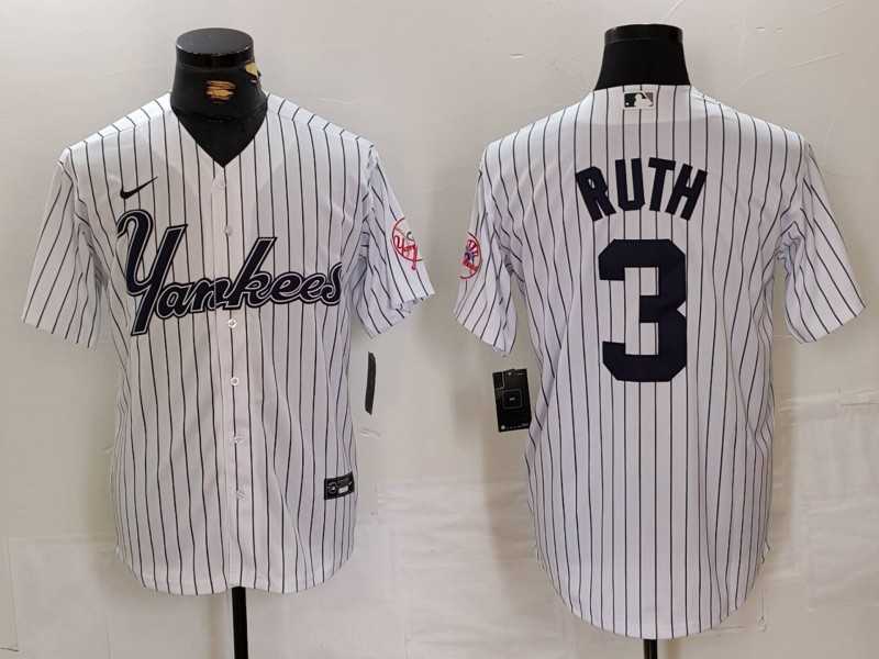 Mens New York Yankees #3 Babe Ruth White Pinstripe Fashion Cool Base Jersey